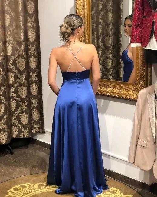 Simple A-line Long Blue Split Front Straps Evening Dress by misshow.com