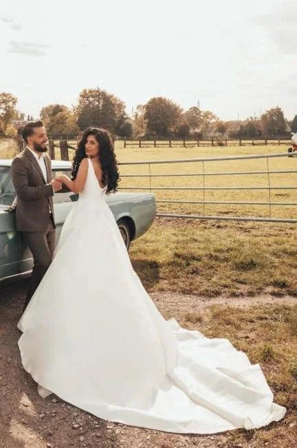 Simple A-line Satin Sleeveless Wedding Dress With Side Slit by misshow.com