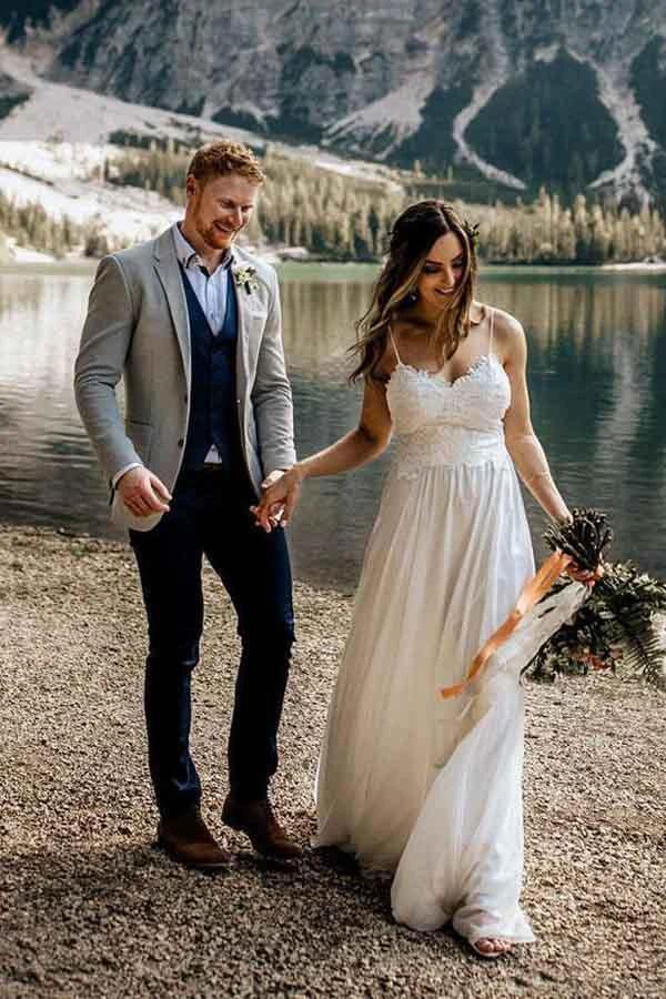Simple A-line Spaghetti Straps Beach Chiffon Wedding Dresses with Lace WD317 by pgmdress
