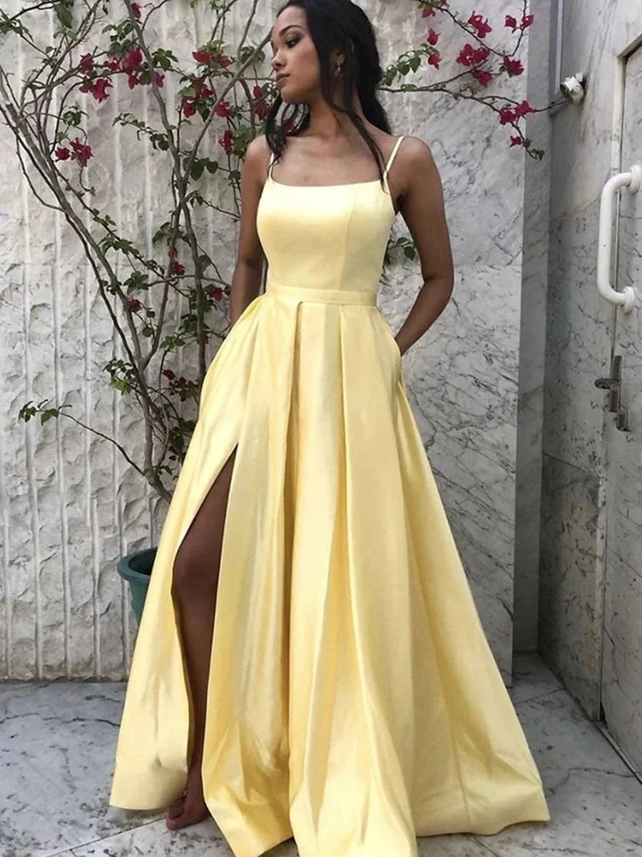 Simple A Line Spaghetti Straps Satin Long Front Slit Prom Dresses with Pockets by BIZTUNNEL