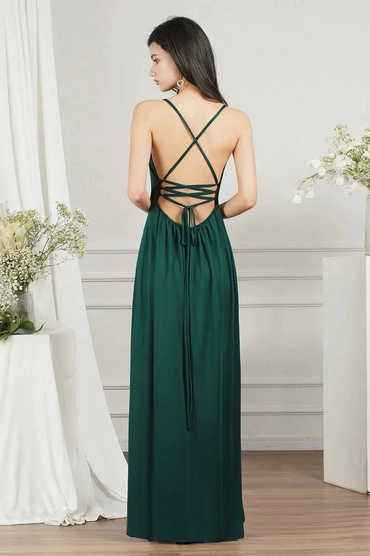 Simple A-line V-neck Backless Long Prom Dress With Slit by BIZTUNNEL
