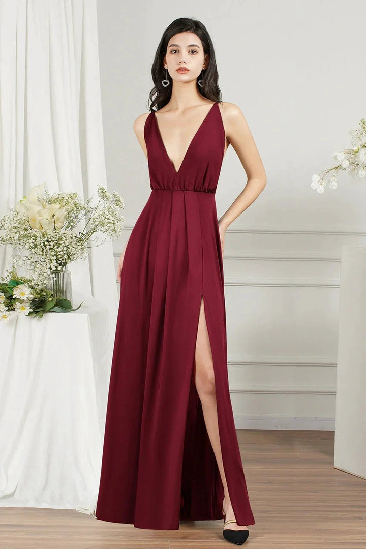 Simple A-line V-neck Backless Long Prom Dress With Slit by BIZTUNNEL