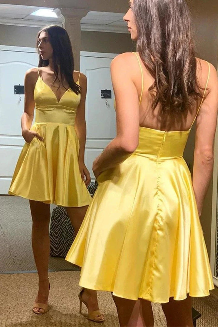 Simple A-line V Neck Backless Yellow Satin Short Prom Homecoming Dresses with Pockets by BIZTUNNEL