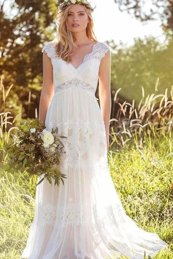 Simple A-Line V-Neck Bohemian Lace Rustic Bridal Gown Wedding Dress WD434 by pgmdress