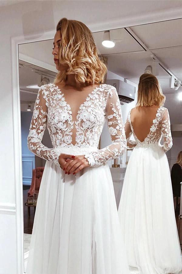 Simple A Line V Neck Ivory Lace Long Sleeves Split Wedding Dresses WD481 by pgmdress