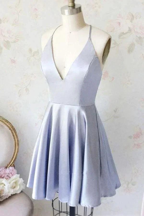 Simple A Line V Neck Light Blue Satin Homecoming Dresses with Pockets PD258 by pgmdress