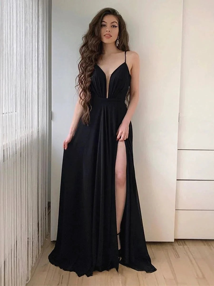 Simple A Line V Neck Long Black Chiffon Prom Dresses with High Slit by BIZTUNNEL