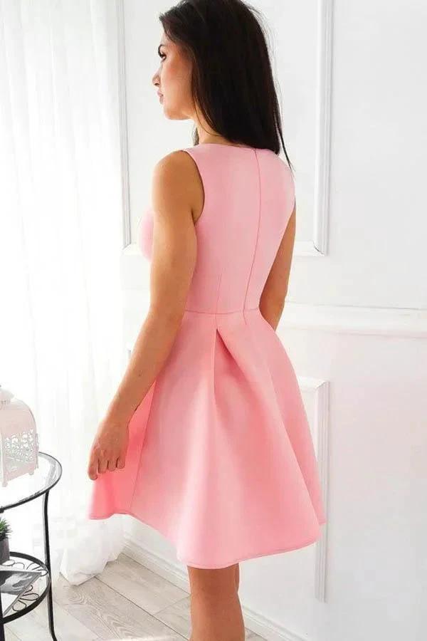 Simple A-Line V-Neck Short Pleated Pink Satin Homecoming Dress PD099 by pgmdress