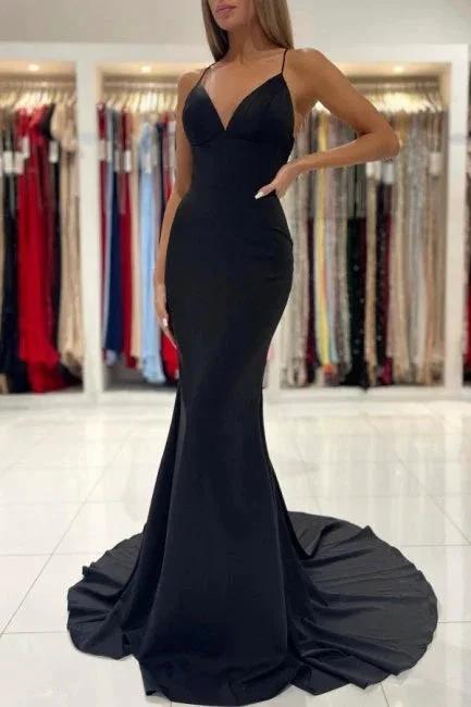Simple Black Long Spaghetti Straps Mermaid Prom Dresses by misshow.com