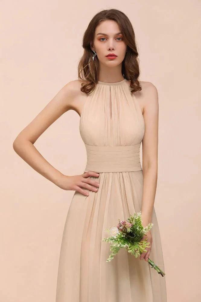 Simple Halter Champagne Slim Long Bridesmaid Dress by misshow.com