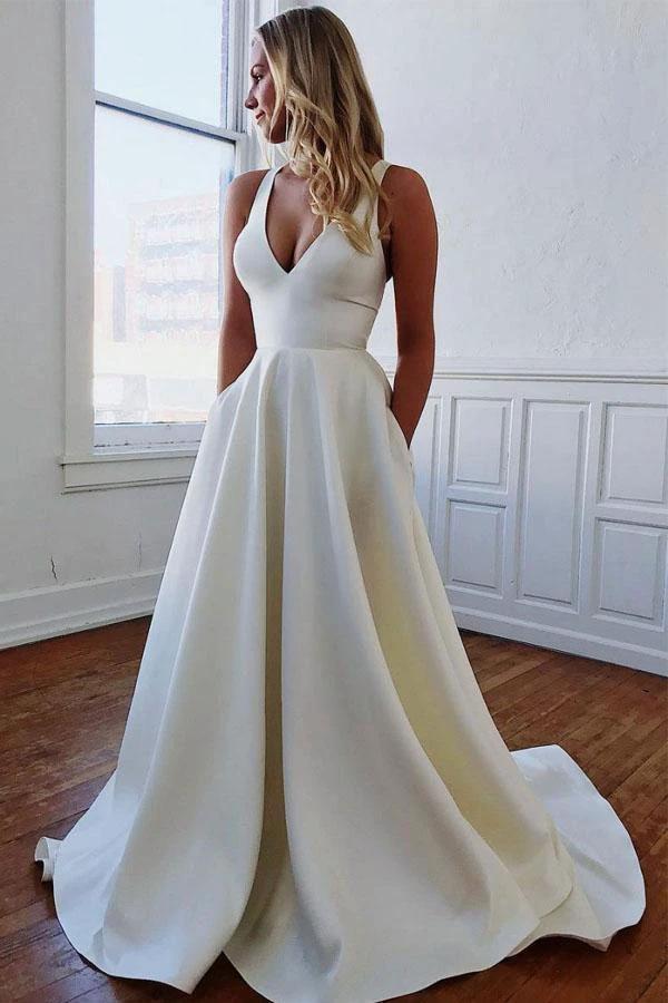 Simple Ivory Satin V Neck Wedding Dress With Bow-knot WD391 by pgmdress