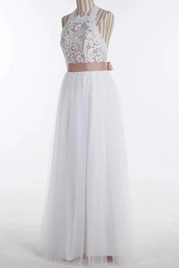 Simple Jewel Sleeveless Floor-Length Lace Top Wedding Dress WD098 by pgmdress