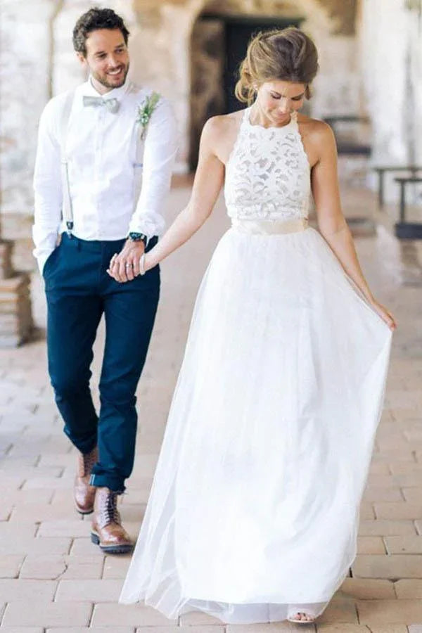 Simple Jewel Sleeveless Floor-Length Lace Top Wedding Dress WD098 by pgmdress