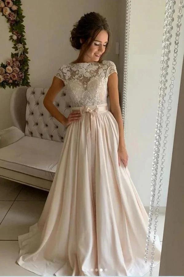 Simple Long A-line jewel Stretch Satin Lace Wedding Dresses by BIZTUNNEL