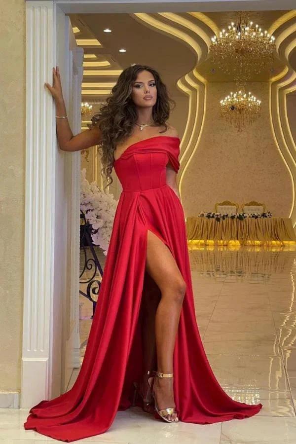 Simple Long A-line One Shoulder Satin Red Prom Dress with Slit by BIZTUNNEL