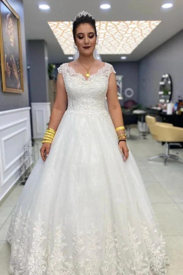 Simple Long A-line V-neck Lace Tulle Wedding Dress by BIZTUNNEL