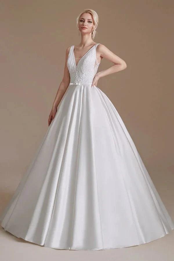 Simple Long A-line V-neck Satin Wedding Dress with Appliques Lace by BIZTUNNEL