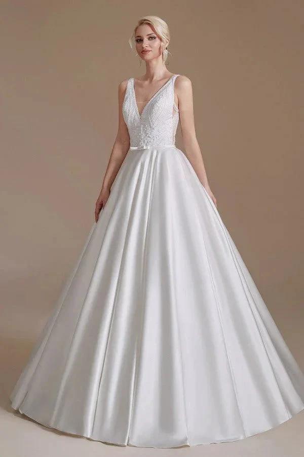 Simple Long A-line V-neck Satin Wedding Dress with Appliques Lace by BIZTUNNEL