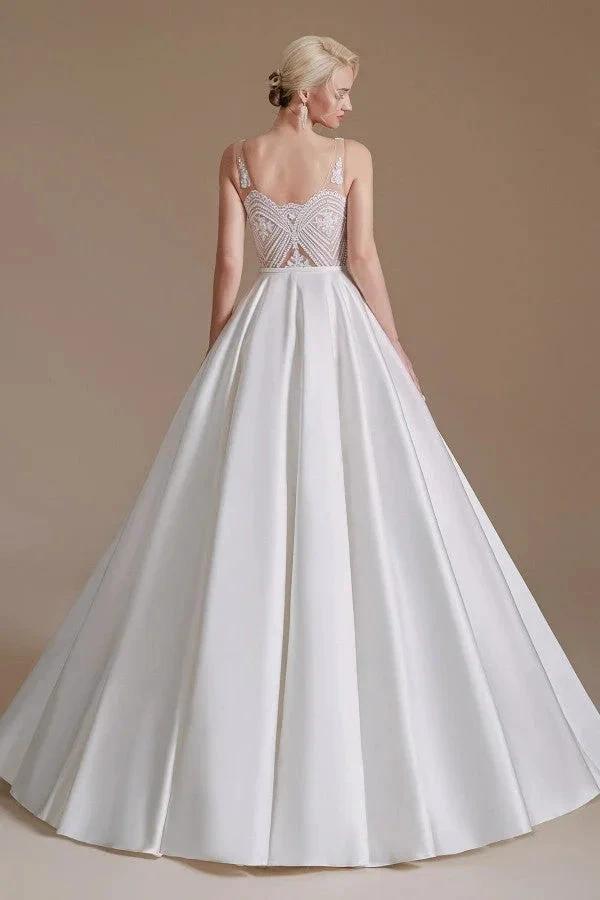 Simple Long A-line V-neck Satin Wedding Dress with Appliques Lace by BIZTUNNEL