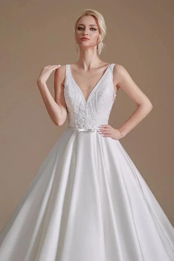 Simple Long A-line V-neck Satin Wedding Dress with Appliques Lace by BIZTUNNEL