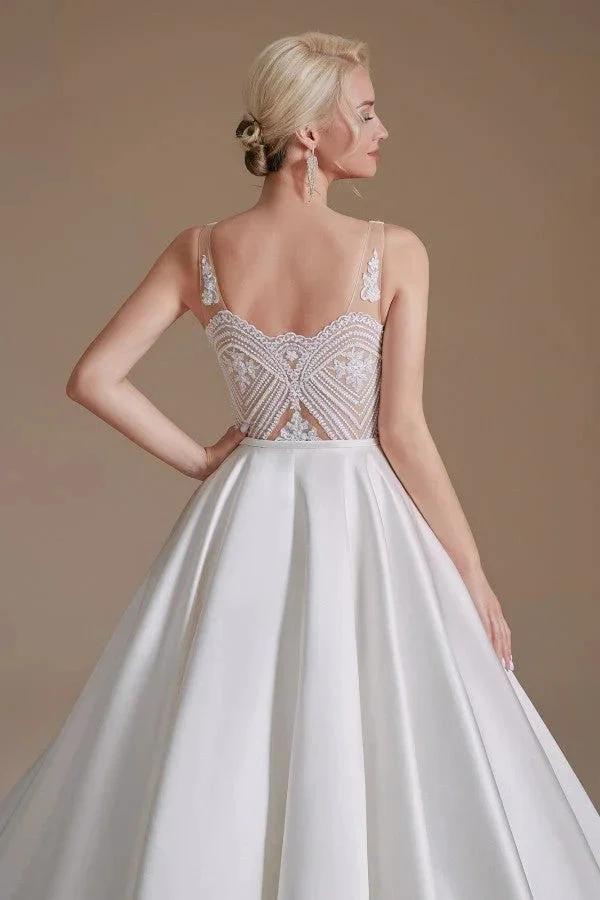 Simple Long A-line V-neck Satin Wedding Dress with Appliques Lace by BIZTUNNEL