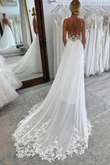 Simple Long A-line V-neck Spaghetti Straps Wedding Dresses With Lace by misshow.com