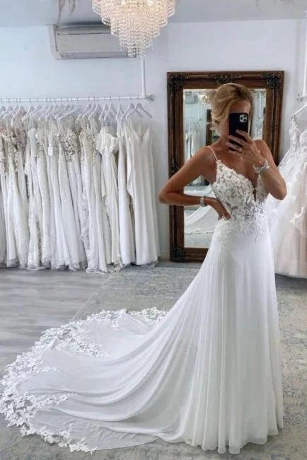 Simple Long A-line V-neck Spaghetti Straps Wedding Dresses With Lace by misshow.com