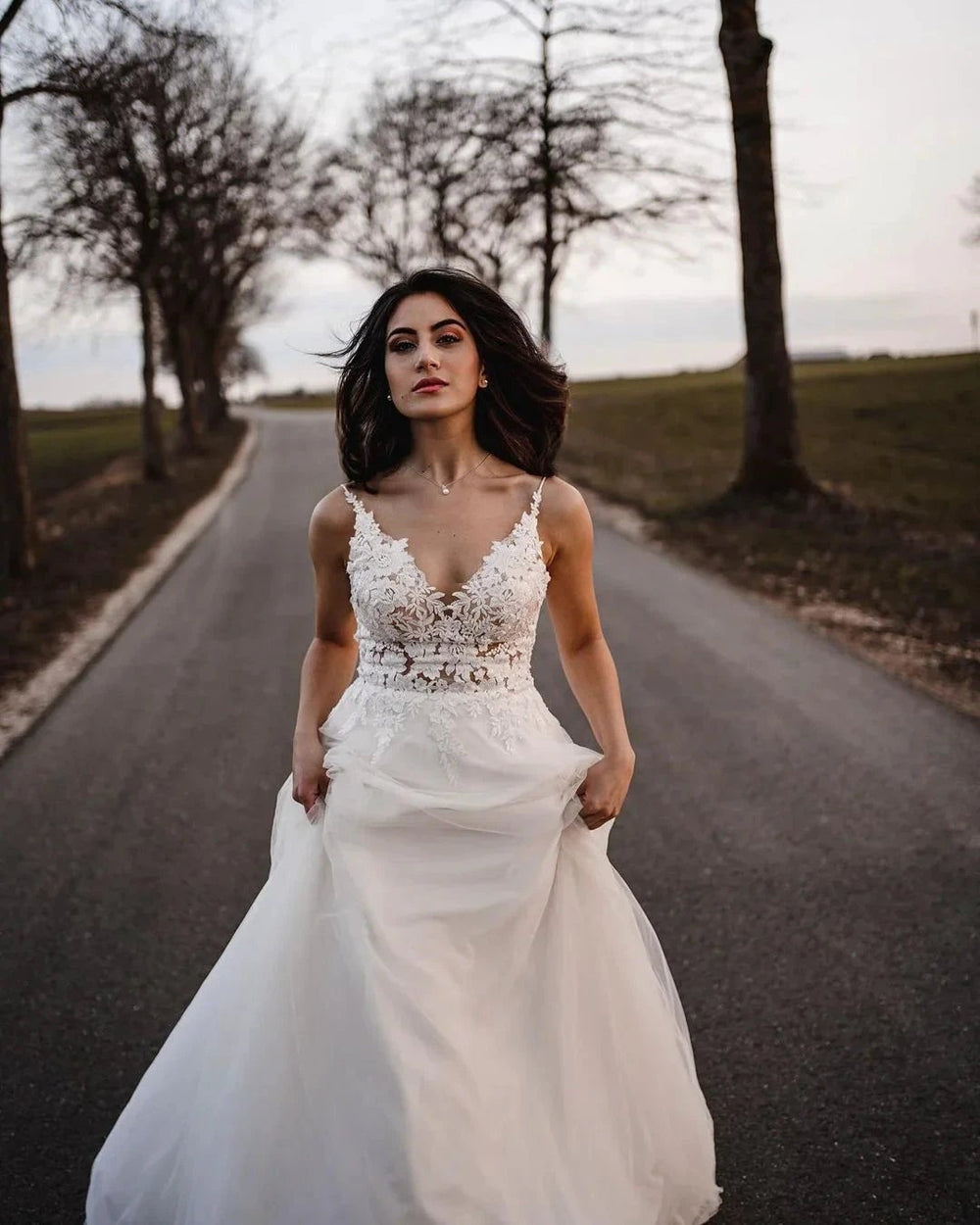 Simple Long A-line V-neck Tulle Backless Wedding Dress by BIZTUNNEL