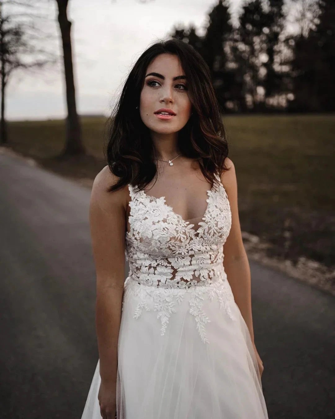 Simple Long A-line V-neck Tulle Backless Wedding Dress by BIZTUNNEL