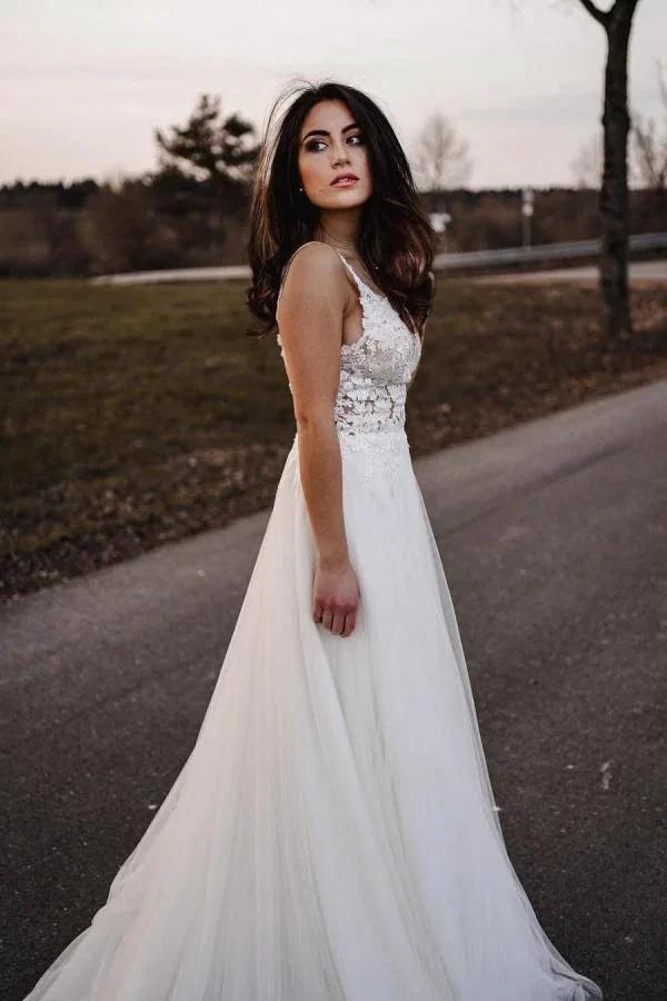 Simple Long A-line V-neck Tulle Backless Wedding Dress by BIZTUNNEL
