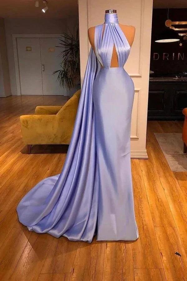 Simple Long Halter Mermaid Satin Prom Dresses With Ruffles by BIZTUNNEL