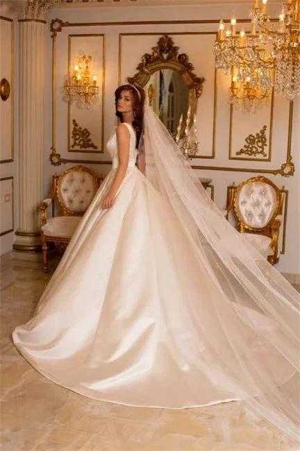 Simple Long Ivory A-line V-neck Satin Sleeveless Wedding Dresses With Train by misshow.com