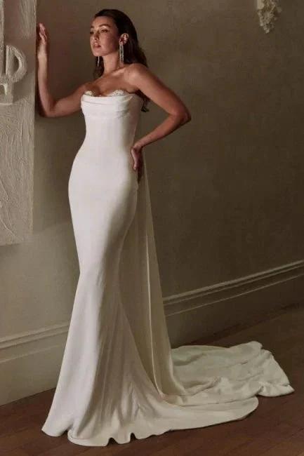 Simple Long Ivory Mermaid Strapless Satin Wedding Dress with Lace by misshow.com