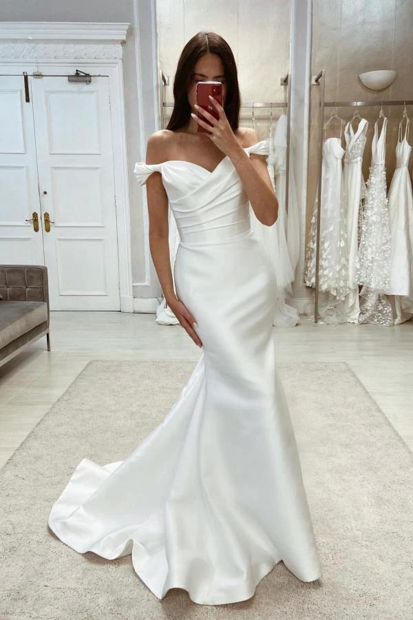 Simple Long Mermaid Off-the-shoulder Satin Wedding Dresses by misshow.com