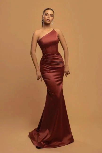 Simple Long Mermaid One Shoulder Satin Evening Dresses by misshow.com
