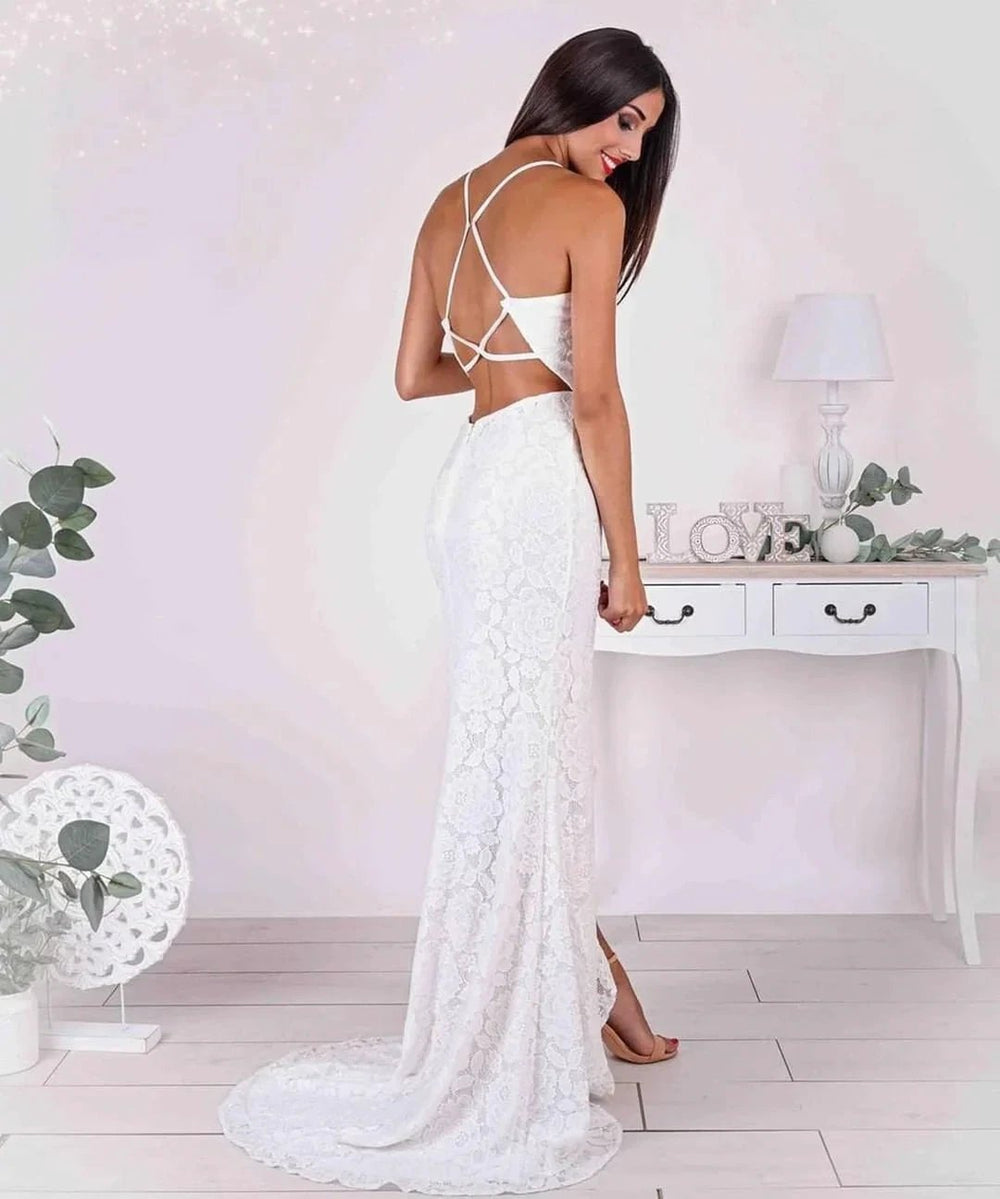 Simple Long Mermaid Strapless Spaghetti Straps Wedding Dress with Slit by BIZTUNNEL