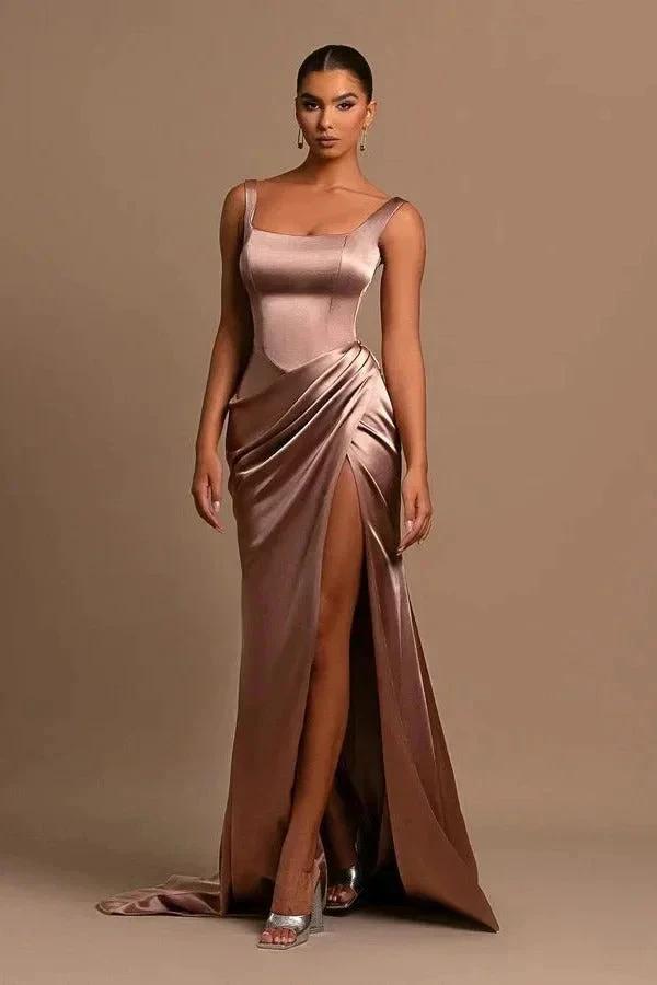 Simple Long Mermaid Straps Satin Sleeveless Formal Prom Dress With Slit by BIZTUNNEL