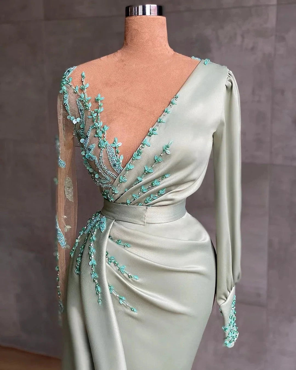 Simple Long Mermaid V-neck Satin Prom Dress with Sleeves by BIZTUNNEL