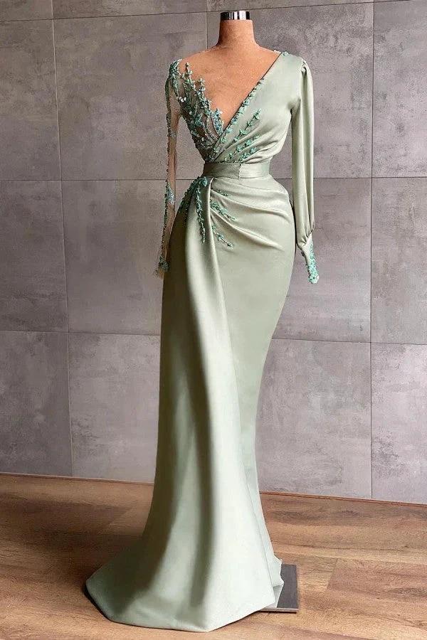 Simple Long Mermaid V-neck Satin Prom Dress with Sleeves by BIZTUNNEL