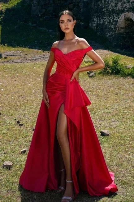 Robes de bal longues simples rouges à épaules dénudées fendue style sirène