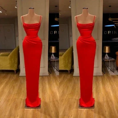 Simple Long Red Spaghetti Straps Mermaid Sleeveless Prom Dress by misshow.com