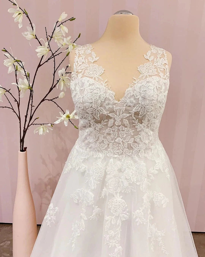 Simple Long V-neck A-Line Backless Wedding Dress With Appliques Lace by BIZTUNNEL