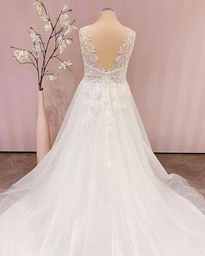 Simple Long V-neck A-Line Backless Wedding Dress With Appliques Lace by BIZTUNNEL