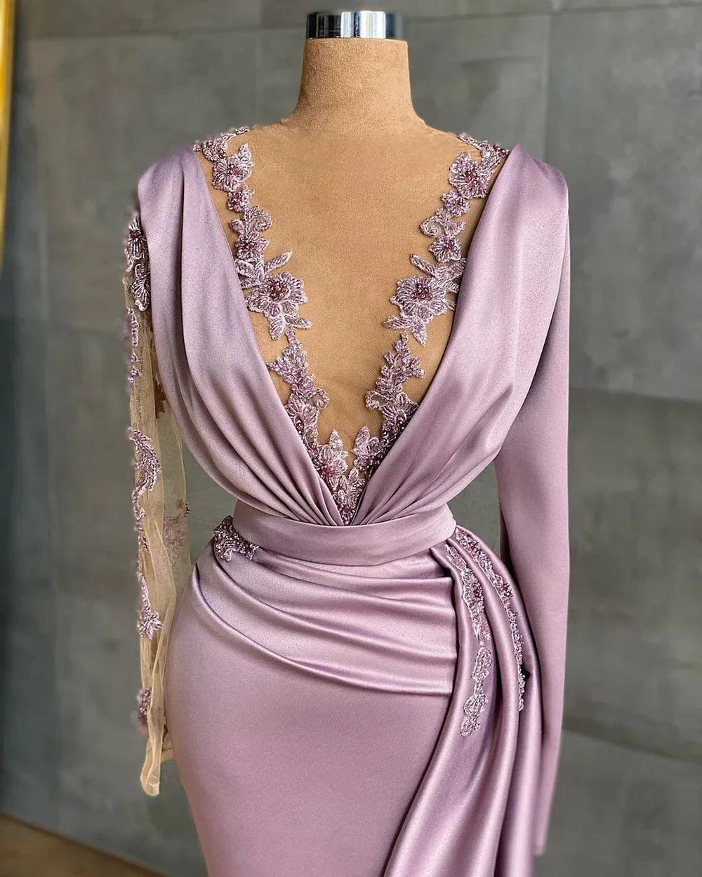 Simple Long V-neck Lace Mermaid Prom Dress with Sleeves by BIZTUNNEL
