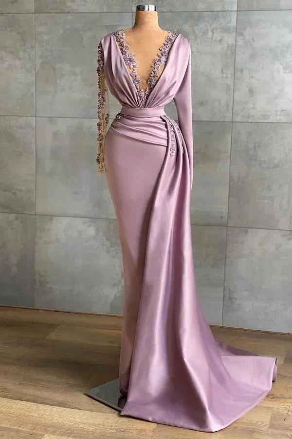Simple Long V-neck Lace Mermaid Prom Dress with Sleeves by BIZTUNNEL