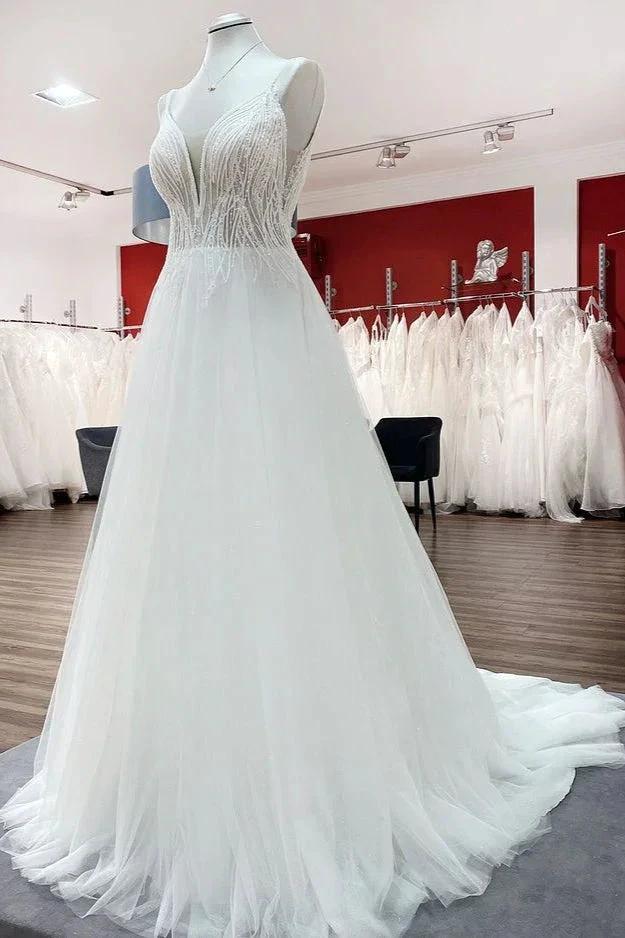Simple Long V-neck Sequins Ruffles A-line Tulle Backless Wedding Dress by BIZTUNNEL