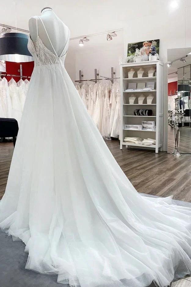 Simple Long V-neck Sequins Ruffles A-line Tulle Backless Wedding Dress by BIZTUNNEL
