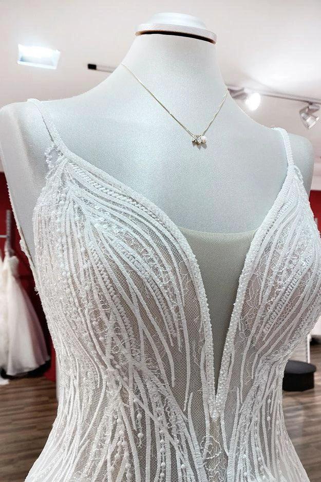 Simple Long V-neck Sequins Ruffles A-line Tulle Backless Wedding Dress by BIZTUNNEL
