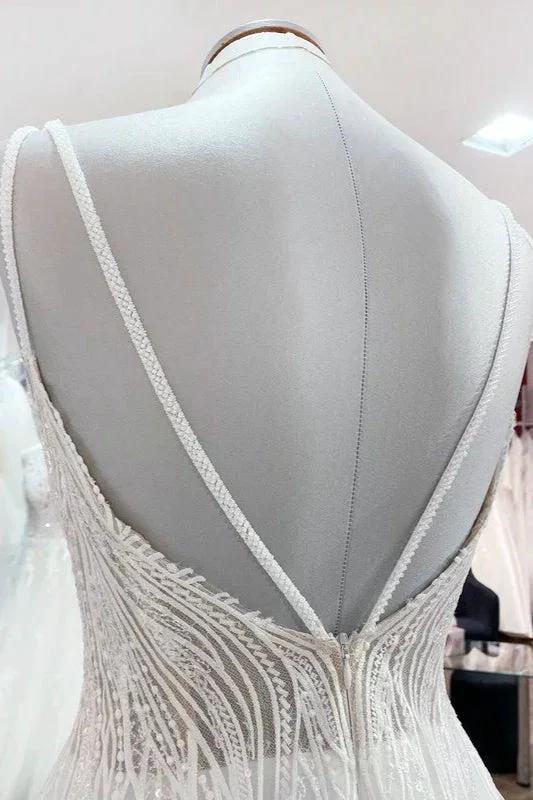 Simple Long V-neck Sequins Ruffles A-line Tulle Backless Wedding Dress by BIZTUNNEL