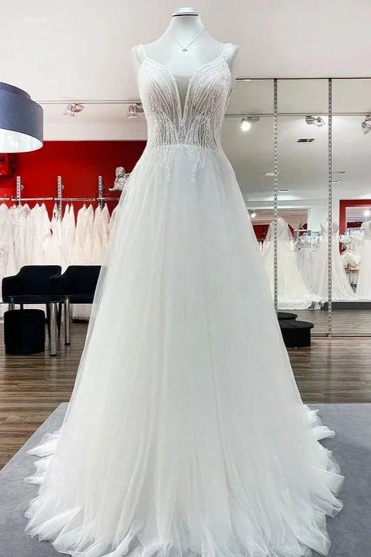 Simple Long V-neck Sequins Ruffles A-line Tulle Backless Wedding Dress by BIZTUNNEL